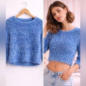 Y2K Blue Eyelash Knit Cropped Sweater Fuzzy 3/4 Sleeve Stretch Large Babytee